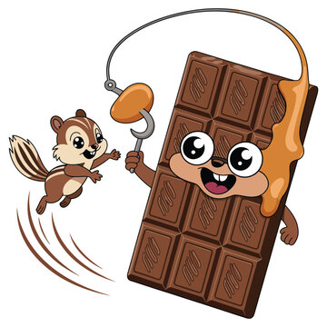 Excited chipmunk leaps towards a giant chocolate bar with caramel, tempting treat, playful fishing rod concept, adorable cartoon characters