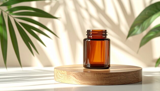 Amber Glass Bottle on Wooden Stand with Palm Leaves in Soft Light for Mockup and Product Presentation.