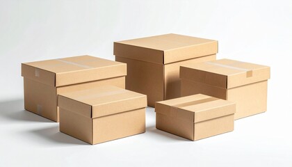 Stack of Brown Cardboard Boxes for Moving or Storage Concepts on Seamless Background in Studio Lighting.