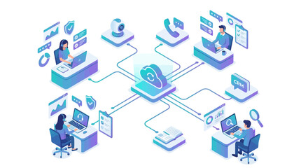 Isometric SaaS Cloud Platform Team Collaboration Remote Workers Connected Data Security CRM Analytics Dashboard Business Technology Illustration