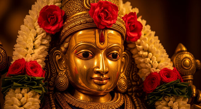 Maha Jyeshthabhishekam, Close-up of a golden Utsava Murti adorned with vibrant marigold and rose garlands