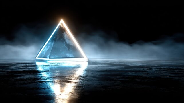 Abstract glowing pyramid structure illuminated against a dark background