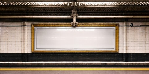 Fototapeta premium Subway station interior. Blank billboard framed with gold accents. Tiled walls, dark platform, minimal lighting create dramatic effect.
