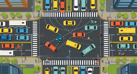 Aerial View of a Busy City Intersection with Cars and Pedestrians. © Henda