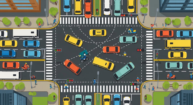 Aerial View of a Busy City Intersection with Cars and Pedestrians.