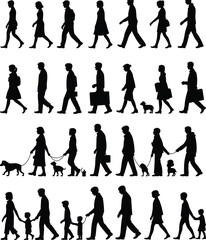 Diverse People Walking Silhouettes Collection, Human Activity Crowd Set, Men Women Children With Dogs Business Casual Urban Lifestyle Illustration