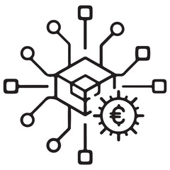Obraz premium Blockchain network icon with central data block and radiating nodes integrated with a Euro currency gear symbol representing decentralized finance, fintech innovation, and digital economy.