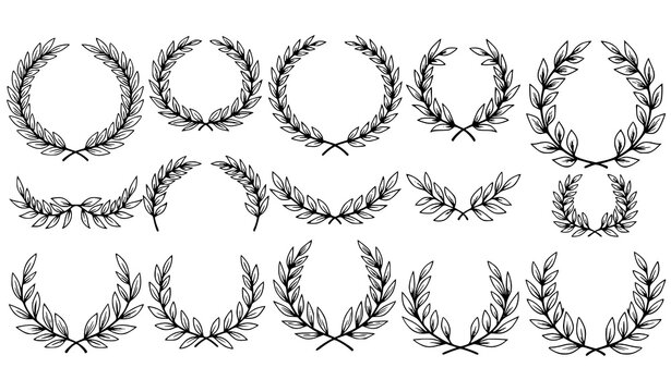 Black and White Laurel Wreath Botanical Branch Collection Hand Drawn Vector Elements