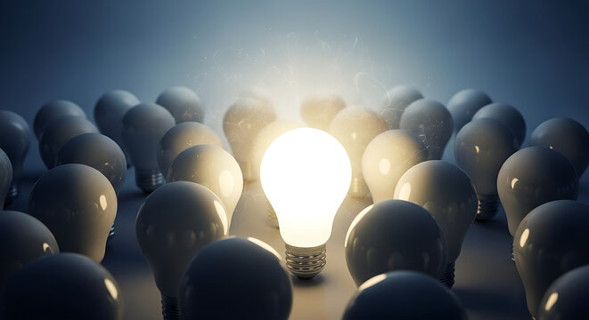 Radiant luminous electric glass lamp shining brightly amidst numerous dull gray inactive bulbs representing unique creative spark brilliant leadership groundbreaking concept original thought