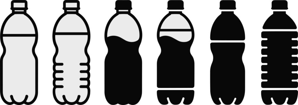 Plastic water bottle silhouette collection, beverage container packaging icon set, black vector drink bottles isolated design