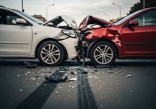 Damaged white and red cars crashed on the road accident