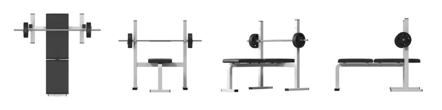 Flat Weight Bench with Barbell Rack Multiple Views, White, 3D Render Isolated on White Background