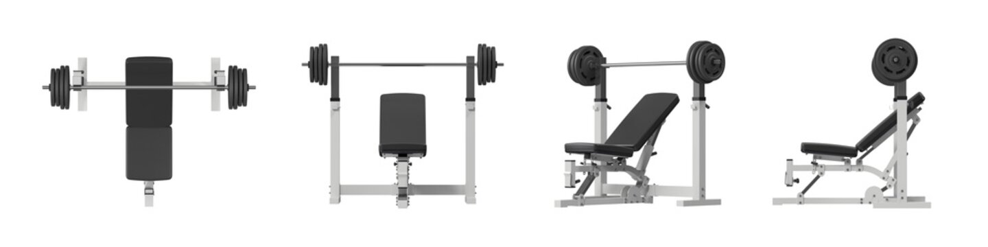 Adjustable Weight Bench with Barbell Rack Multiple Views, White, 3D Render Isolated on White Background