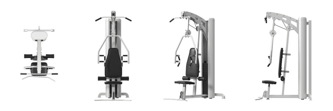 Pec Deck Chest Fly Machine with Lat Pulldown Multiple Views, White, 3D Render Isolated on White Background