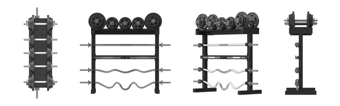 Barbell Rack with Barbells Multiple Views, Black, 3D Render Isolated on White Background