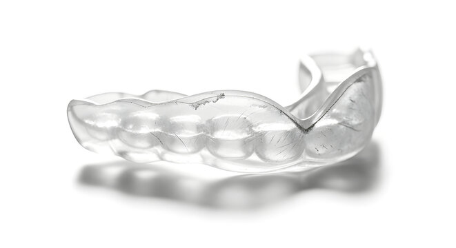 A clear dental retainer with bubble-like indentations, casting a soft shadow on a white surface. The retainer appears precisely molded and transparent.