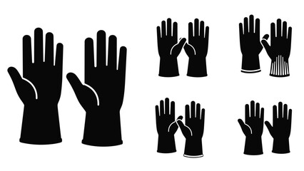 Obraz premium Collection of five different pairs of black silhouettes of gloves including work gloves and long cleaning gloves on white.