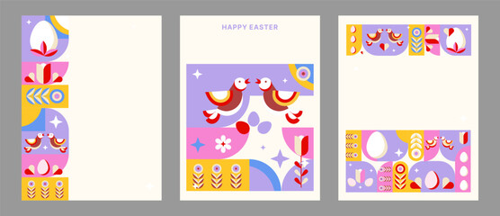 Modern Happy Easter greeting card set with abstract eggs birds flowers and geometric shapes modern spring holiday templates for greeting cards invitations social media banners posters packaging.Vector © Ilonka eva