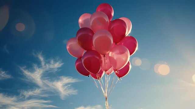 serene and uplifting composition featuring multiple soft pink balloons gently floating against clear and bright azure sky, symbolizing joy and lightheartedness for cheerful event background