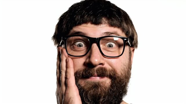 A frantic high-contrast cutout of bearded man with chaotic hairstyle and thick frames, his face contorted in comical display of pure terror or sudden realization against white void