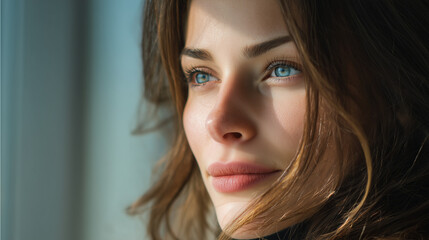 Naklejka premium Beautiful woman with striking blue eyes gazing towards sunlight with natural light, perfect skin