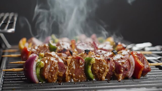 Delicious Meat and Vegetable Skewers Grilling on a Barbecue with Smoke Rising Overhead Shot