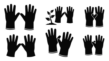 Obraz premium Set of black silhouettes depicting pairs of gloves in various positions and a small sprout, ideal for gardening or labor-related concepts.
