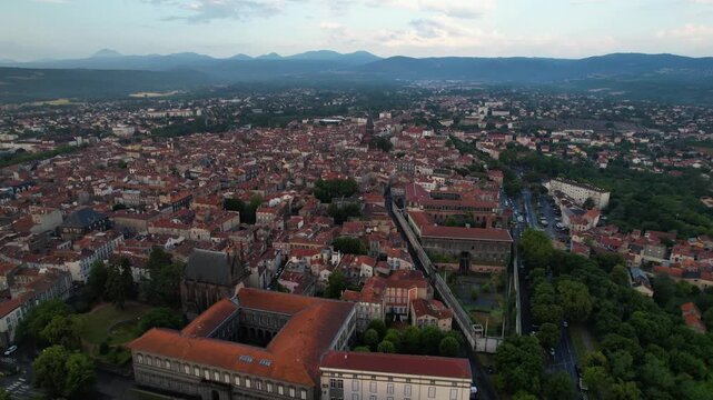 A panorama aerial view of the City Riom in France. On a sunny morning in summer around the old town.