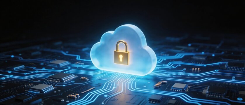 Secure cloud computing concept with digital lock on glowing cloud over circuit board network, cybersecurity data protection infrastructure, idea for secure IT storage services