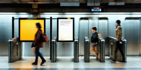 Fototapeta premium Subway station shows people passing through turnstiles. Dim lighting creates blurred motion, modern aesthetic. Minimalist design, urban scene.