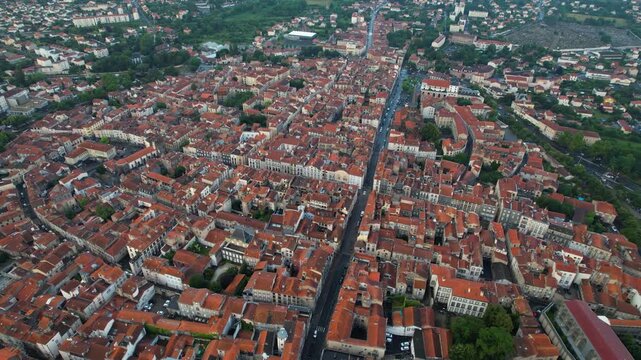 A panorama aerial view of the City Riom in France. On a sunny morning in summer around the old town.