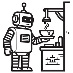 Fototapeta premium Monochromatic Line Art Illustration of Robot Serving Meal in Kitchen