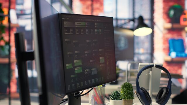 Agency setup showcases a high tech digital system used for deep learning and AI or visual programming. Notes trees and data mining terminals reflect innovation in computing and cybernetics.