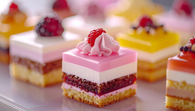 Petit fours, small layered cakes with vibrant icing and decorative toppings, glossy textures, appetizing sweet food, tasty dessert