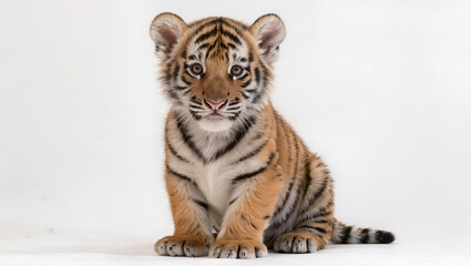 Adorable Tiger Cub Sitting on White Studio Background