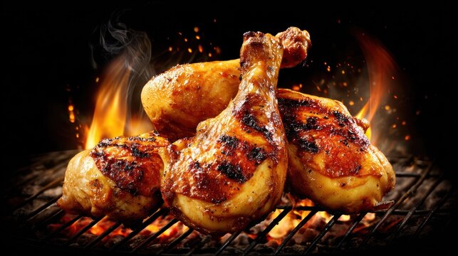 Grilled chicken drumsticks on a bbq grill with flames and smoke