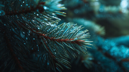 Fototapeta premium Close-up macro shot of a dark pine branch covered in tiny water droplets, shimmering with a subtle blue-green hue, evoking a sense of winter freshness and crispness