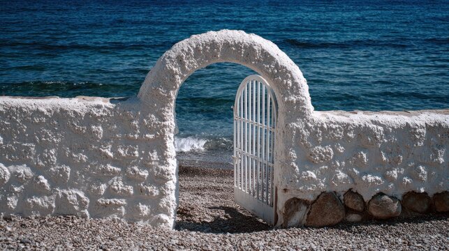 White archway and gate opening to ocean view scenic coastal landscape