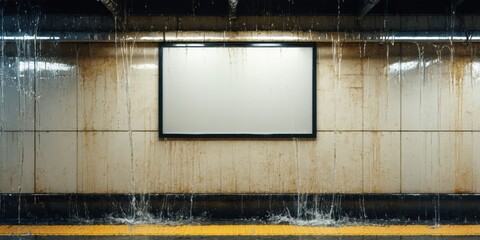 Fototapeta premium Subway station wall, blank poster, water leaks. Damp tiles, dark environment, yellow platform edge visible. Gloomy, neglected space.