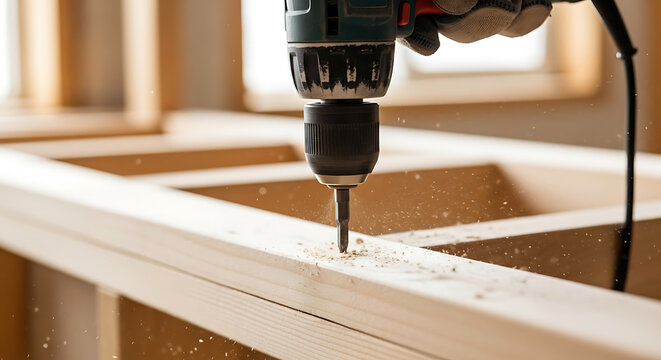 Close-up detail of a powerful cordless electric drill held by a skilled craftsman boring precise holes into natural timber planks for custom window frame installation and home renovation project.