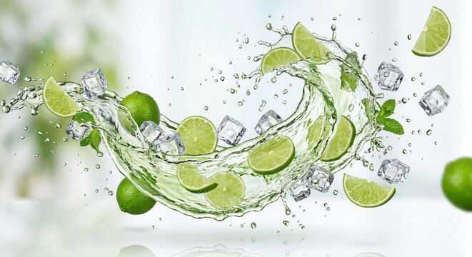Fresh cold pure flavored water with lime wave splash. Lime fruit infused water or lemonade wave swirl. Healthy flavored detox drink splash concept with lime fruit and ice cubes.