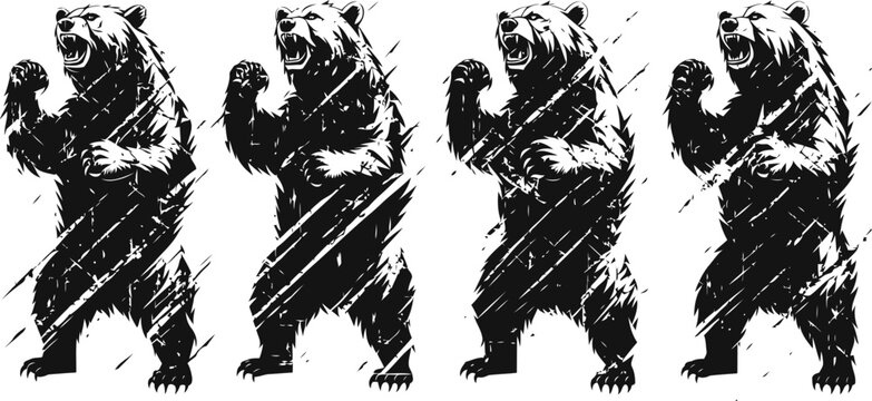 fierce roaring bears standing on hind legs in aggressive stance, wild animal silhouettes