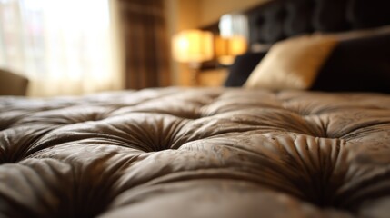 Fototapeta premium Close up of a luxurious bed with textured quilted brown comforter and pillows