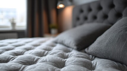 Fototapeta premium Cozy bedroom interior with bed and pillows daytime soft lighting comfort