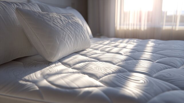 Comfortable bed with white pillows and sunlight streaming through window