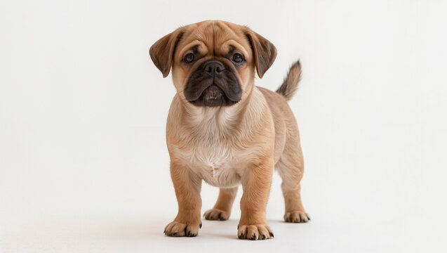 Cute Puggle Puppy Standing Alertly on White Background