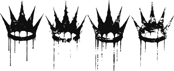 Obraz premium Black grunge crowns with paint drips urban street art style, distressed royal symbols set