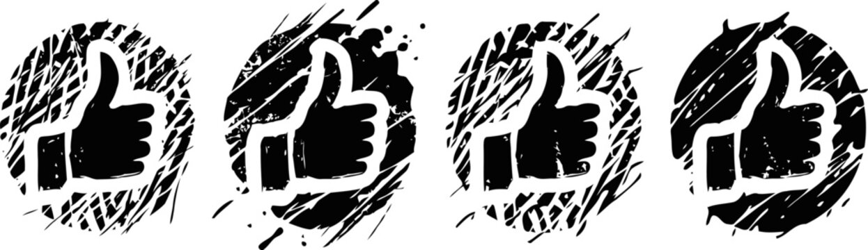 Grunge thumbs up icons set positive approval symbols with rough texture design