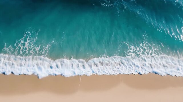 Ocean waves gently roll onto a sandy beach, creating a rhythmic pattern of foam and water, with clear blue water and golden sand visible in the coastal scene