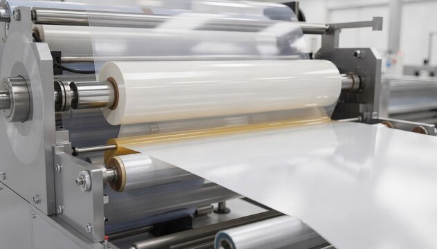 Medium shot of multilayer barrier film lamination process showing solventless bonding technique for enhanced oxygen and moisture resistance in flexible packaging applications.